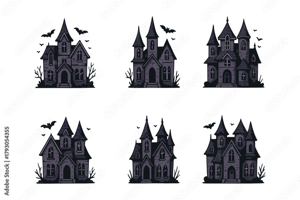 Obraz premium Haunted house icon set. Spooky mansion vector set. Gothic buildings with bats for Halloween.