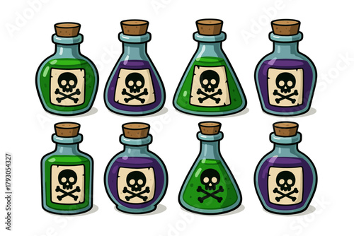 Poison bottle icon set. Toxic potion vector set. Cartoon glass flasks with skull label for Halloween.