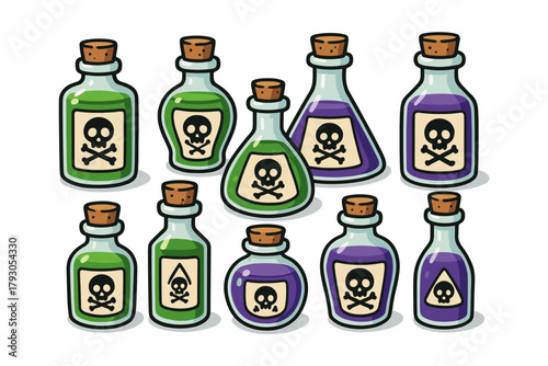 Poison bottle icon set. Toxic potion vector set. Cartoon glass flasks with skull label for Halloween.