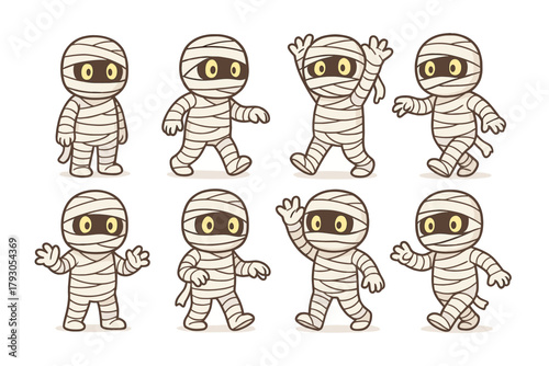 Mummy character icon set. Cute Halloween mummy vector set. Cartoon wrapped characters in different poses.