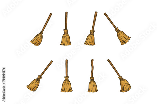 Witch broom icon set. Cartoon broomstick vector set. Flying broom illustrations for Halloween.