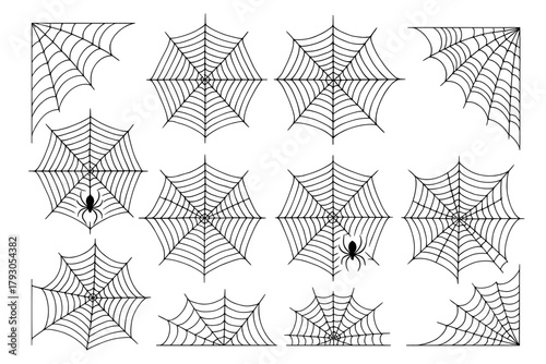 Spiderweb icon set. Halloween cobweb vector set. Black spider webs with spiders for decoration.