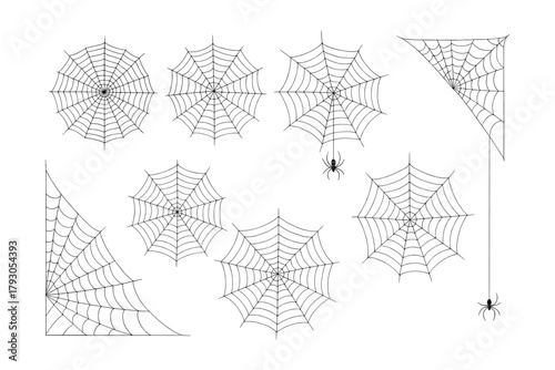Spiderweb icon set. Halloween cobweb vector set. Black spider webs with spiders for decoration.