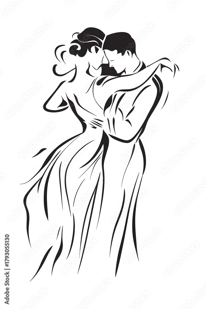Fototapeta premium Elegant couple dancing tango in black and white illustration