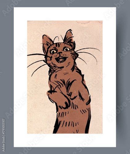Vintage ink feline, Antiqueinspired ink drawing of playful cat