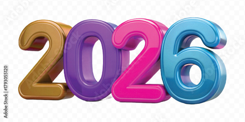abstract 3d colorful three dimensional 2026 typography Isolated on a transparent background