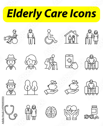 Minimalist Elderly Care Icons,
set of Elderly Care Icons,
Health & Support Line Art Collection