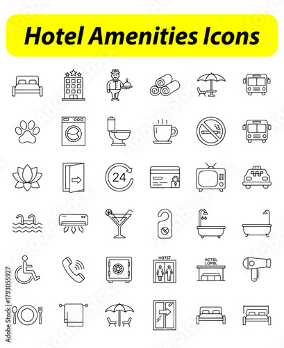 Minimalist Hotel Amenities Icons,
set of Hotel Amenities Icons,
Clean Line Art Guide to Services & Facilities