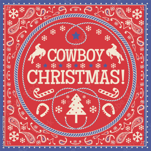 Western Christmas vector illustration with cowboy riding wild horse silhouette with the cheerful phrase “Cowboy Christmas!” in American cowboy bandana frame