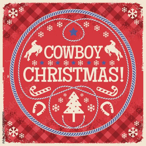 Western Christmas vector illustration with cowboy riding wild horse silhouette and cheerful phrase “Cowboy Christmas!” in American cowboy red bandana rope frame.