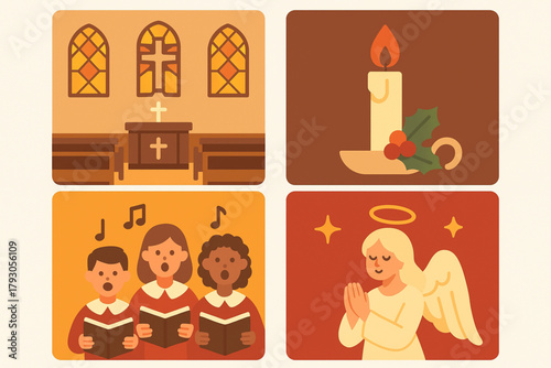 Christmas Eve Mass Flat Icon Set — Church Interior, Candlelight, Choir, Angels, and Star of Bethlehem