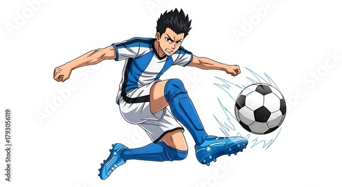 Anime Soccer Player Kicking Ball with Energy.