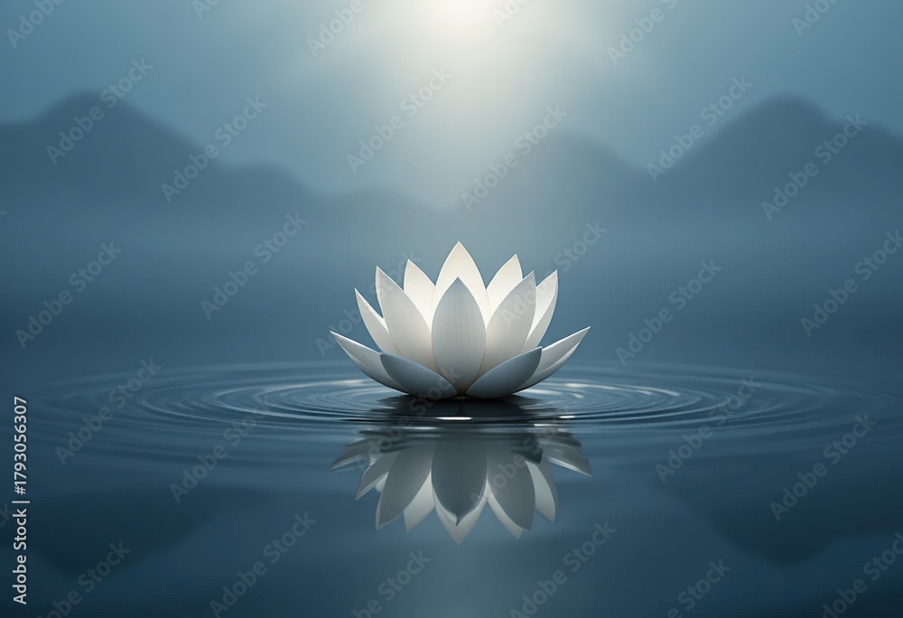 Fototapeta premium White lotus flower floating on calm water with ripples and reflections, set against a misty mountain landscape under soft, ethereal light