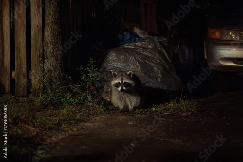 raccoons foraging for food and raiding trash bags in a dark suburban driveway or residential backyard at night
