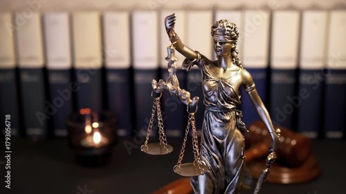 Themis goddes of justice and law with judge gavel mallet and books unfocuseds in background , video footage