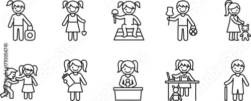 Line art of Children doing activities on transparent background, Childhood Icons Set