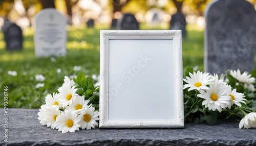 Blank white picture frame mockup on a tombstone with a bouquet of daisies in a sunny cemetery, a respectful memorial concept