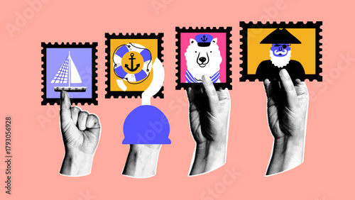 Hands hold retro postage stamps with hand-drawn nautical elements, sailboat, life preserver ring, sailor dog, pirate captain. The set of elements is collage style.