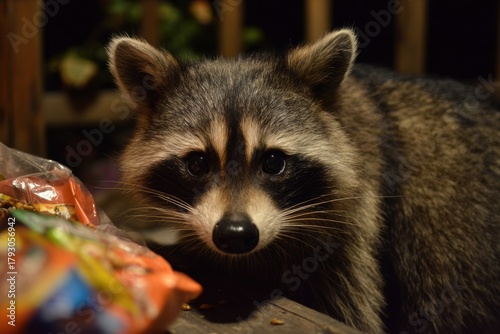 Raccoon foraging for food at night near garbage or snacks, highlighting the tension between urban expansion and nature