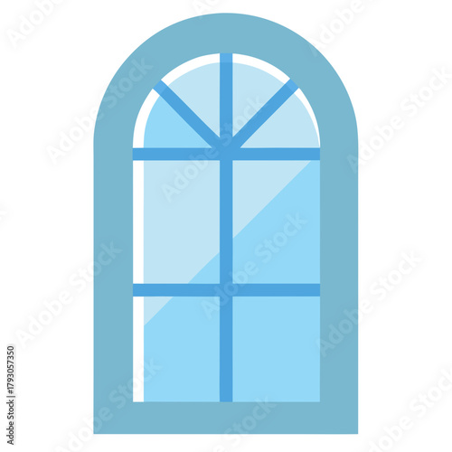Simple arch top window with blue panes and frame