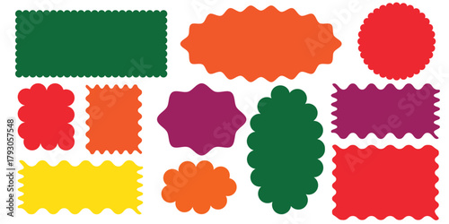 Rectangle shape frame with zigzag edge. Set of Zigzag and colorful Shapes. Cloudy wave curve edge frame vector set colorful wavy edge frames. Set of colorful round and oval, rectangular and square.Eps