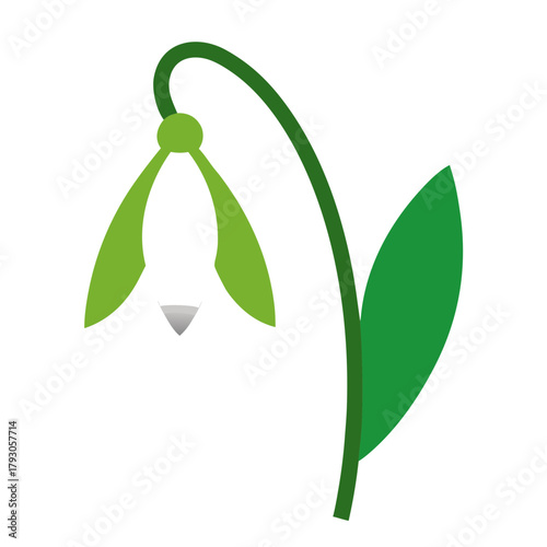 Stylized green snowdrop flower with white bell shape and single leaf