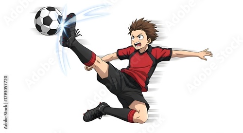 Dynamic Soccer Player Kicking Ball with Energy.