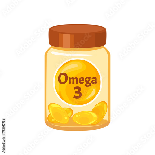 Omega-3 supplement in bottle. Yellow soft gel capsules. Vector cartoon flat illustration.