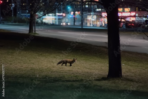 Red fox walking across a dark grassy city area at night with blurred lights and glowing traffic in the distant background
