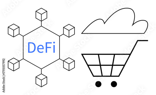 Decentralized finance nodes with DeFi text interconnected, paired with a cloud and shopping cart icon. Ideal for blockchain, e-commerce, innovation, tech solutions, digital economy, fintech
