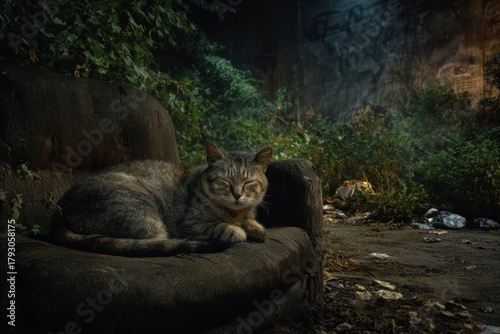 feral tabby cat resting on a decaying armchair in a dark, overgrown urban alley or abandoned lot, 
gritty, moody portrait of homelessness and survival