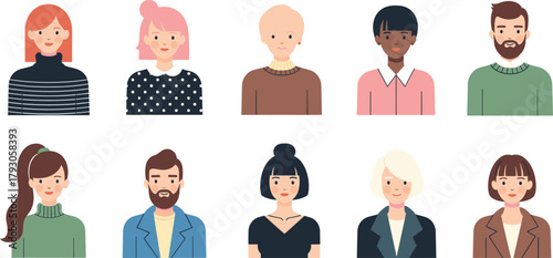 Diverse cartoon people avatars in various hairstyles and outfits, modern character portraits set, flat vector illustration for profiles, teamwork, and community themes