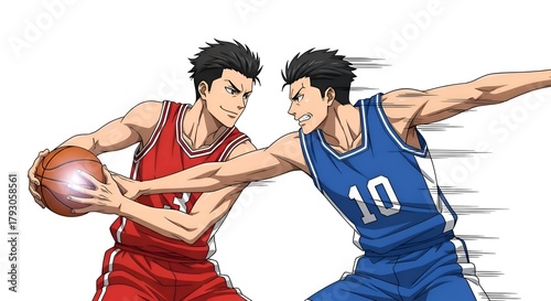 Intense Basketball Duel - Red vs Blue Team.