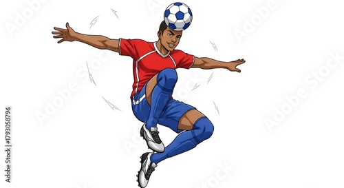 Soccer Player Balancing Ball on Head Illustration.
