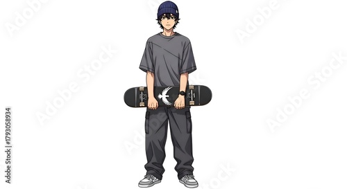 Teenage Skateboarder with Helmet and Board on White Background.