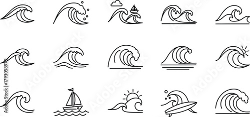 Minimalist Wave Icons Set Ocean Waves, Boat, Surfing and Sun with Transparent Background