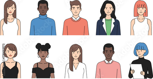 Diverse cartoon people portraits set with different hairstyles, outfits, and expressions, modern flat character avatars for profiles, community, business, and social media design