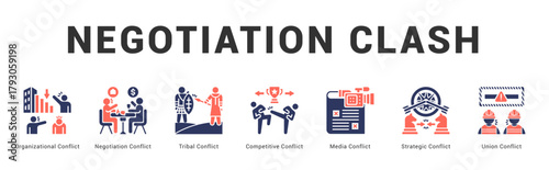 Negotiation Clash Modern and clean web banner illustration featuring thematic icons for visual communication