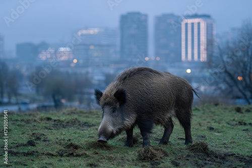Wild boar foraging in a grassy urban park in a city with modern buildings in the background at dusk