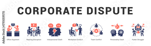 Corporate Dispute Modern and clean web banner illustration featuring thematic icons for visual communication