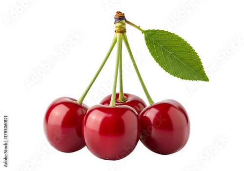 A cluster of ripe red cherries with a green leaf isolated on transparent background