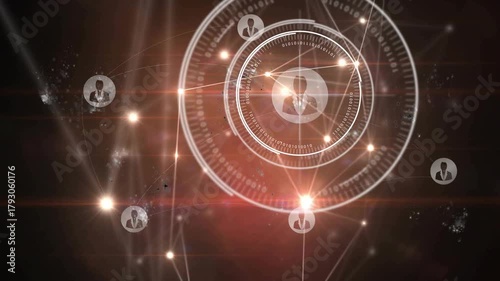 Central HUD fading locking over avatar node mesh forming sparking flare icons linking to show links