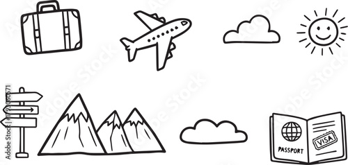 Hand Drawn Travel Icons Set — Airplane, Suitcase, Passport, Mountains, Clouds, Sun, and Signpost Illustrations