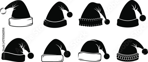Set of Black Santa Claus Christmas Hat Silhouette Icons Vector Illustration