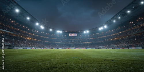 Full stadium view at night, bright field, crowd, and overhead lighting