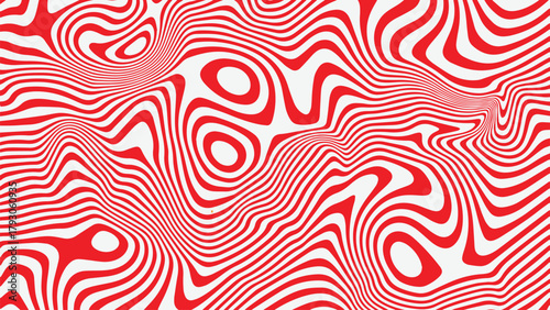 Abstract psychedelic swirling red and white stripes creating an optical illusion of depth and movement