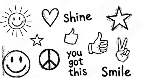 Positive Doodle Set with Motivational Quotes and Hand Drawn Icons – Smiley, Peace Sign, Heart, Star, and Thumbs Up
