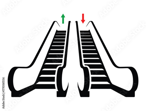 Vector silhouette of stairs, movable stairs going up and down with direction arrows