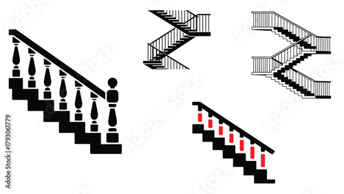 Collection of vector illustrations of staircases with handrails and architectural drawings