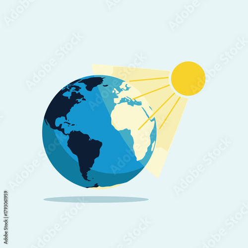 Flat Simple Earth Globe and Sun Illustration with Rays Graphic Element